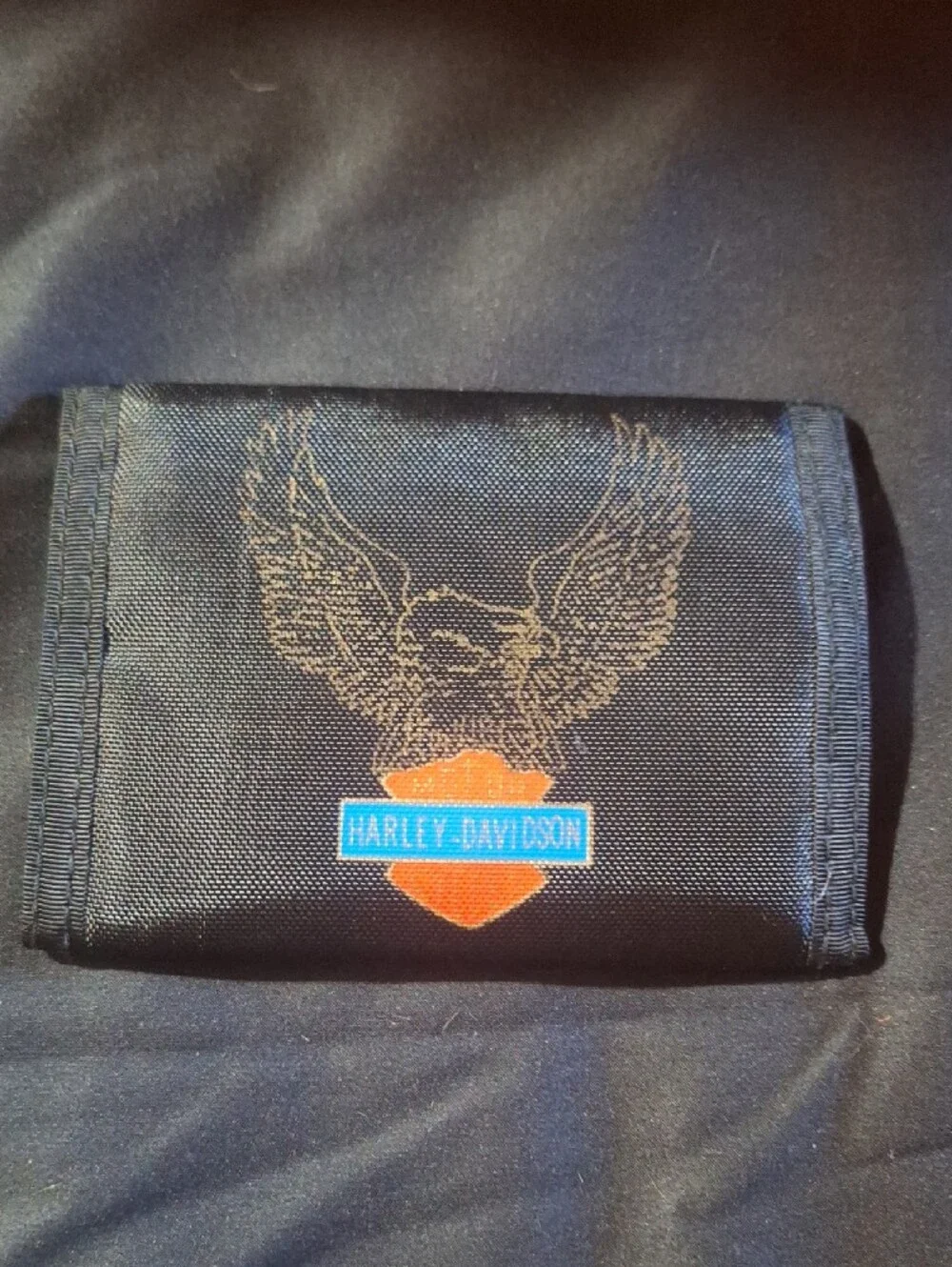 Harley-Davidson Black Trifold Velcro Wallet with Orange Shield and Blue Logo